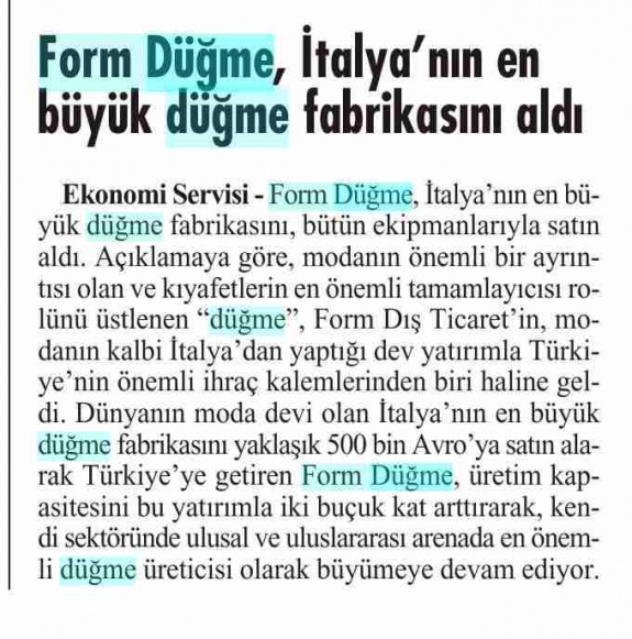 İtalya'dan Fabrika Aldı/Bugün Gazetesi