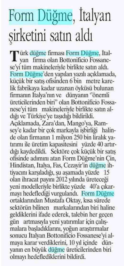 Form Düğme İtalyan Şirketini Satın Aldı/Hürses Gazetesi