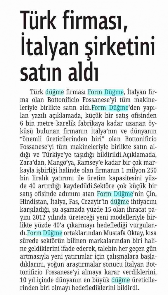 Türk Firması İtalyan Şirketini Satın Aldı/Son Söz Gazetesi(Ankara)