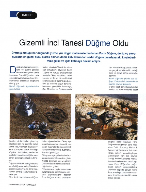 Gizemli İnci Tanesi Düğme Oldu/ Tekstil Konfeksiyon Teknolojisi Dergisi