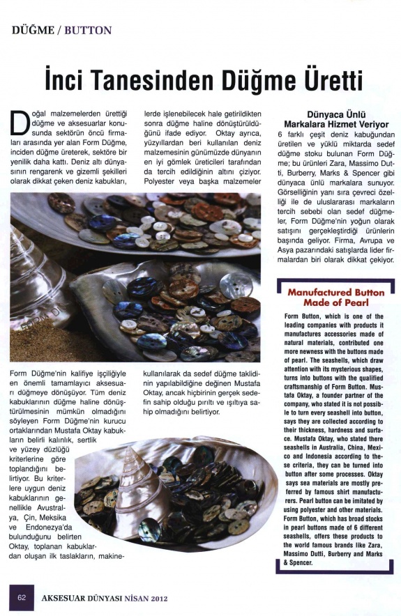 İnci Tanesinden Düğme Üretti/Aksesuar Dünyası Dergisi 